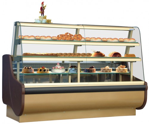 Refrigerated counter for pastry with curved glass