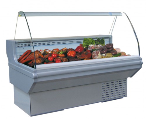 Refrigerated counter with curved glass