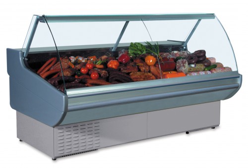 Refrigerated counter with curved glass