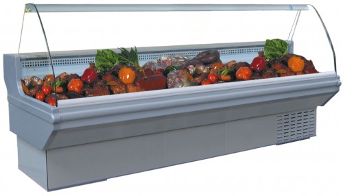 Refrigerated counter with curved glass