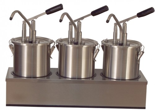 Cylindrical stainless steel lever dispenser for sauces