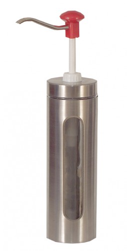 Cylindrical stainl. steel and durable plastic pump dispenser