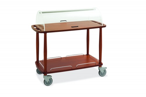 Wood trolleys - cherry wood finish - 2 shelves - acrylic dome