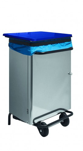 Stainless steel waste bin - 70 L - Pedal operated opening,  blue lid