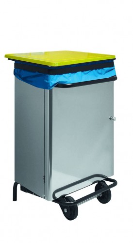 Stainless steel waste bin - 70 L- Pedal operated opening,  yellow lid