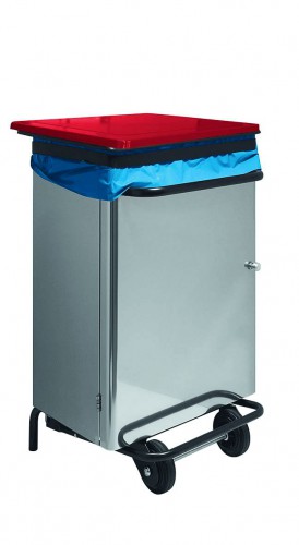 Stainless steel waste bin - 90 L - Pedal operated opening,  red lid