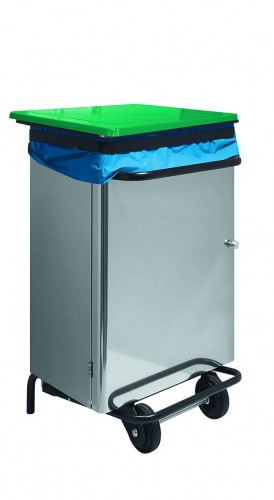 Stainless steel waste bin - 90 L - Pedal operated opening,  green lid