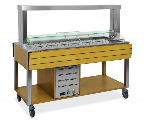 Hot buffet mobile counters with adjustable  sneeze guard - 3x1/1 GN - wengè stained