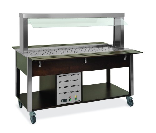 Hot buffet mobile counters with fixed  sneeze guard - 6x1/1 GN - wengè stained