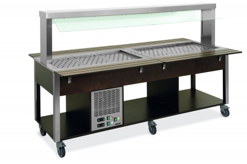 Hot/chilled buffet, adjustable sneeze guard - 4x1/1GN (2 heated-2 chilled) - wengè stained